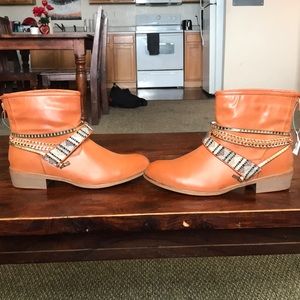 Leather Camel Brown Booties with Chains and decor